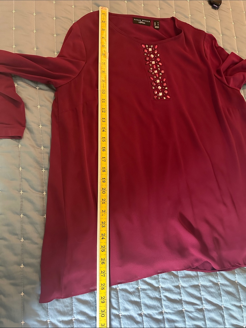 Susan Graver Burgundy Long-Sleeve Jewel-Neck Blouse - Picture 8 of 10